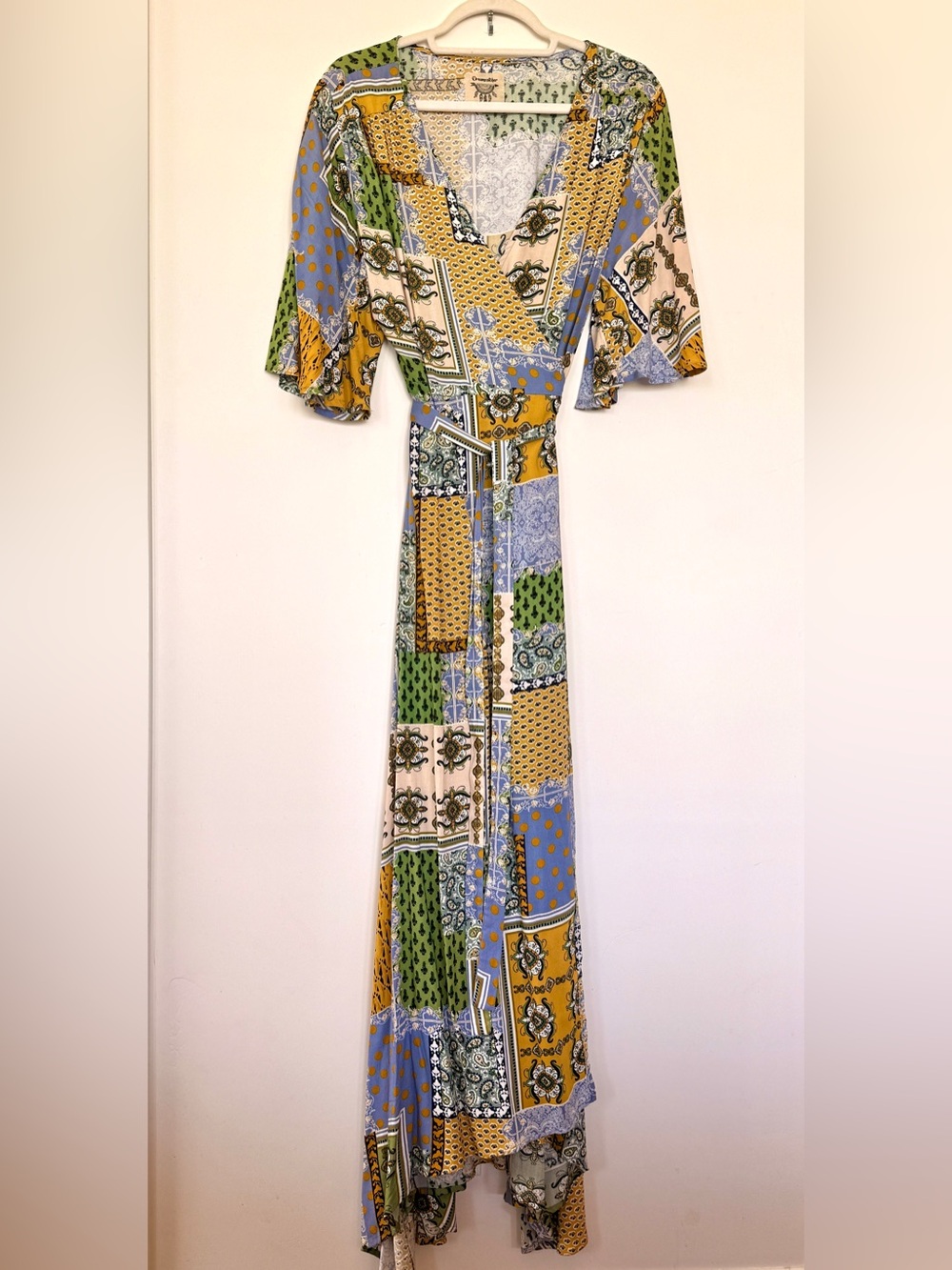 Bohemian Patchwork Maxi Wrap Dress in Green, Yellow, Blue